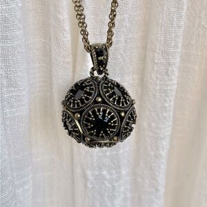 Long Brass Necklace Ball Pendant – Elegant & Sparkling Black Crystal Design